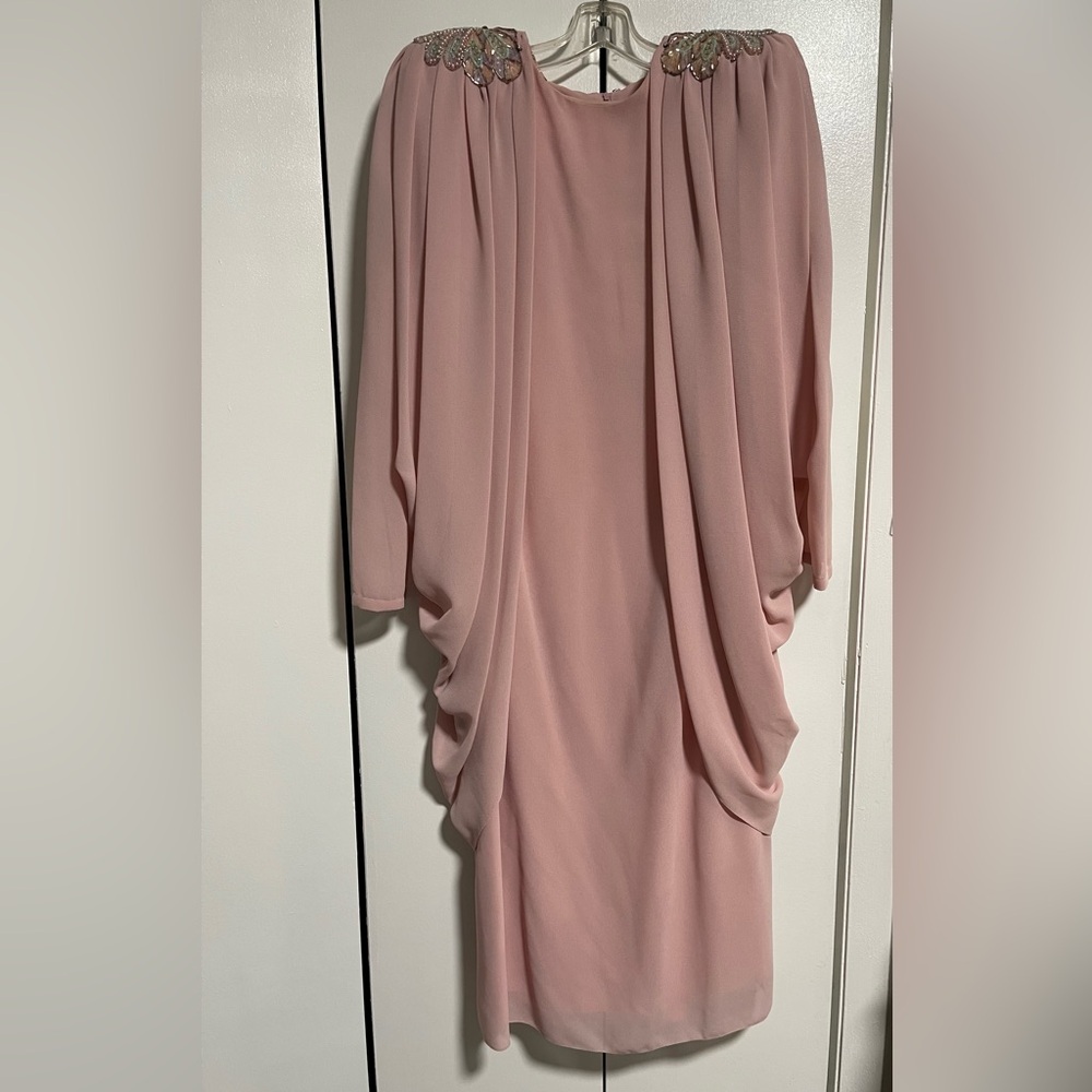 Vintage 80s Jo Ed Sophisticates Long Sleeve Chiffon Pink Dress Beaded Shoulder